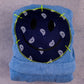 Front view of denim blue bandana smiley bathrobe with navy bandana face patch