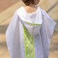 Back view showing hood and bandana trim on the Bandana Smiley Poncho in cotton white