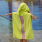 bandana smiley poncho curious lime kids hooded poncho back view with pink bandana stripe