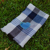 Checkered denim heart scarf in navy and denim blue with stitched heart detail
