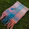 Checkered Good Vibes scarf in peach and denim blue with heart and slogan pins