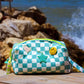 Aqua blue checkered puffy pouch designed for makeup, travel, and everyday storage