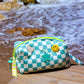 Aqua blue checkered puffy pouch with customisable decorative pins