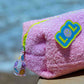 Curious Baby Pink Towel Puffy cosmetic bag with LOL patch and smiley badge