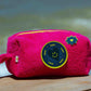 Curious Bright Pink Towel Puffy cosmetic bag with heart smiley patch and flower badge