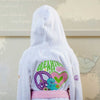 kids bathrobe with peace sign heart and flower embroidery on the back