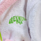 green dreaming embroidery detail on kids bathrobe