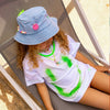 girls denim bucket hat with colourful beaded trim and pink smiley badge