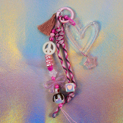 Graffiti heart key charm in glitter pink with peace sign, bow bead and heart cube