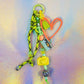 Peach graffiti heart key charm with neon green cord, beads, tassel and camera charm