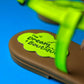 detail of the dream boutique logo on the neon green footbed of happy sandals for mums