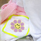 kids bathrobe with yellow smiley flower patch on the pocket