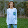 Kids LOL long sleeve t-shirt in white with denim pocket detail worn outdoors