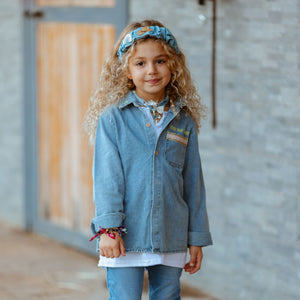 Wilder Than The West kids denim shirt front view with headband and layered outfit