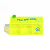 Neon yellow plexiglass organiser box with “You Are Cool” text and peace sign detail on the front