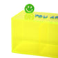 Close-up of neon plexiglass organiser box with green smiley face clip detail